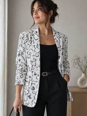 Women's White & Black Abstract Print Blazer